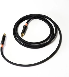 Cavo coassiale digitale Advance Paris LINK Coaxial 2m nero con guaina intrecciata in nylon, connettori RCA dorati con corpo nero e anelli arancioni, vista dall’alto