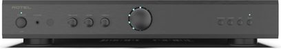 Ampli hi-fi intégré stéréo Rotel A8 noir, vue de face, boutons circulaires, cadran central, pieds cylindriques, surface lisse