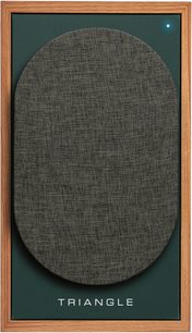 Triangle BR02 Connect verde, boxă wireless conectată, vedere frontală, formă ovală, material textil gri închis acoperind fața frontală, ramă din lemn