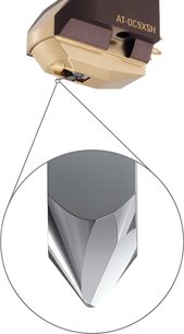 Audio Technica AT-OC9XSH vinylpladecelle, set i tværsnit der viser den elliptiske diamant og aluminiumsarmen