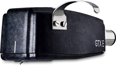 Hi-Fi plak çalar için SPU GTX E hücresi, sol yan görünüm, siyah kasa, beyaz yazıt, gümüş renkli metal destek
