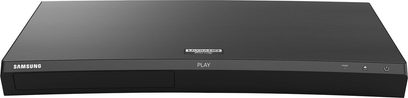 Samsung UBD-M9500 sort 4K Blu-ray-afspiller, set forfra, med kontrolknapper og "PLAY"-logo på forsiden