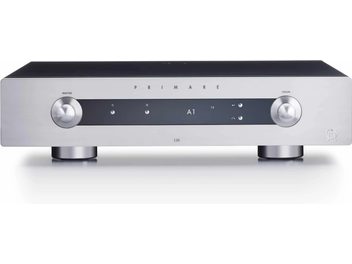 Sleek facade of a Primare I35 silver stereo hi-fi amplifier with blue display and metal buttons