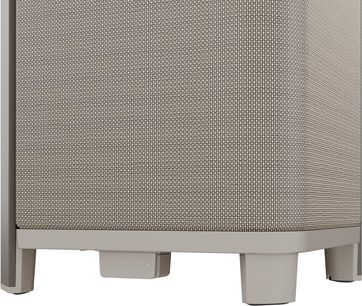 Altoparlante Bluetooth portatile Sonoro Vibes XL taupe, primo piano sulla base con tessuto a rete e piedini in plastica grigia