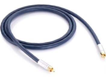 Câble за сабвуфер Inakustik Connect 212 Sub-Mono 3 m, обложка от тъмносиньо PVC, позлатени RCA мъжки конектори с цилиндрични алуминиеви пръстени в сребрист цвят, изглед отгоре