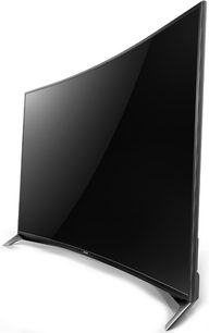 Televisore Panasonic TX-55CR850 spento visto di tre quarti frontale, schermo curvo nero opaco, cornice sottile argentata, su piedistallo metallico