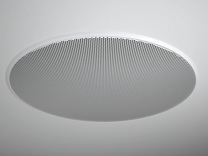 Zapuštěný stropní reproduktor Bowers & Wilkins CCM663SR černý, detailní pohled zepředu, kruhová perforovaná kovová mřížka