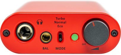 Bærbar iFi Audio iDSD Diablo rød audio-konverter, forfra, set oppefra, knapper, stik og drejeknap