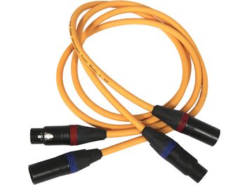 Cablu audio XLR Van den Hul The Tide portocaliu cu patru conectori negri cu inele roșii și albastre pentru legătură stereo