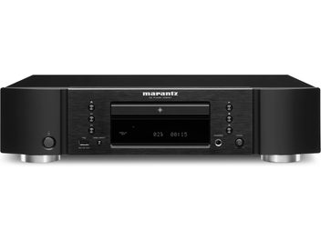 Marantz CD6007 sort CD-afspiller, set forfra, sort front med blå LED-display, sølvfarvede knapper og drejeknap, centreret CD-skuffe