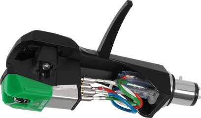Doză phono Audio Technica AT-VM95E/H verde, montată pe headshell negru, vedere laterală cu cabluri colorate