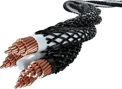 Black braided cables and shiny copper banana plugs, close-up and partial view on a white background