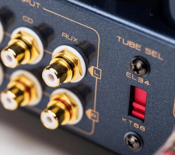 Nærbillede af den bageste side i antracitblåt metal på Cayin CS-55A EL34 integreret stereo rørforstærker, med fire guldbelagte RCA-stik omkranset af hvid plast og en rød EL34/KT88-vælger.