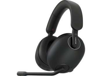 Căști de gaming Sony Inzone H9 negre, din plastic mat, vedere din spate trei sferturi, bandă de susținere căptușită, cupe ovale cu pernuțe moi, microfon rabatabil și butoane integrate