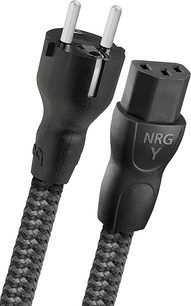 Audioquest NRG Y sort multiprise, sort med 2 stikkontakter, flettet grå ledning, set forfra og fra siden, på hvid baggrund