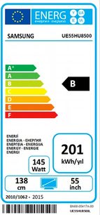 Televizor Samsung UE55HU8500, energetická třída B, 201 kWh/rok, 145 W, 138 cm, 55 palců, období 2010/1062–2015