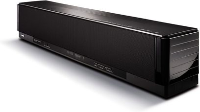 Yamaha YSP-3000 sort soundbar, rektangulær, aflang, set forfra, frontgitter, knapper og porte på højre side