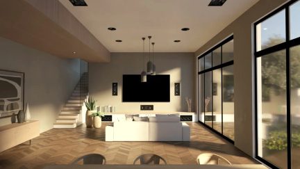 Interno moderno con scala, divano bianco, televisione, grandi finestre, parquet a spina di pesce e illuminazione incassata