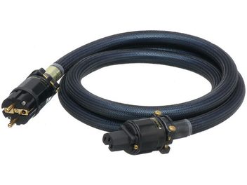Altın kaplamalı konnektörlere sahip siyah Furutech Evolution Power II güç kablosu, lacivert örgü kılıf ile