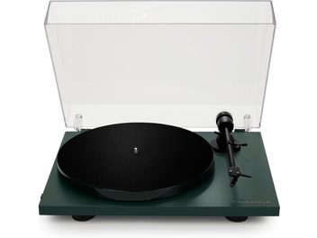 Tocadiscos hi-fi Triangle Lunar 1 verde, carcasa de plexiglás, plato negro mate, brazo de lectura, fondo blanco