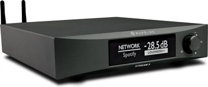NuPrime Stream 9X netværksafspiller i sort, set forfra med Spotify-skærm, drejeknap og to bagantenner