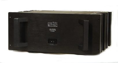 Mark Levinson No.23.5 effektforstærker set forfra, sort frontpanel, hvidt logo, afbryder og stik