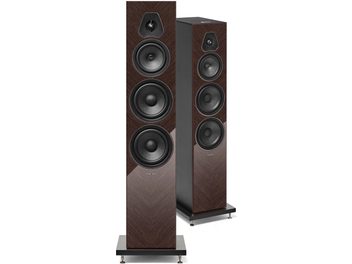 Sloupové reproduktory Sonus Faber Lumina V Amator v lesklém wengé, pohled zepředu a ze tří čtvrtin s černými měniči