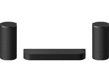 Compacte Sony Bravia Theatre Trio-luidsprekerset zwart met centrale soundbar en twee cilindrische zijluidsprekers