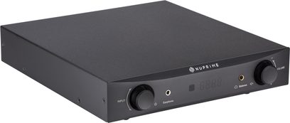Nuprime DAC-9H sort audio-DAC-konverter, frontvisning, rektangulært mat sort kabinet, frontpanel med stik og knapper