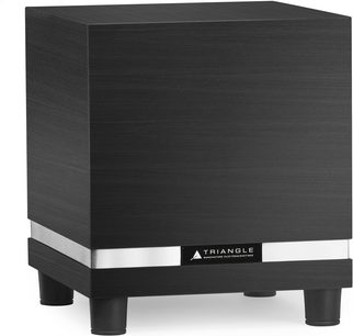 Triangle Thetis 340 subwoofer i sort asketræ, sort træfinish, kubisk form, blank sort front med sølvfarvet logo