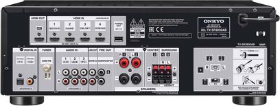 Onkyo TX-SR393DAB sort hjemmebiografsforstærker, set forfra, med stik og betjeningselementer på forsiden, central display