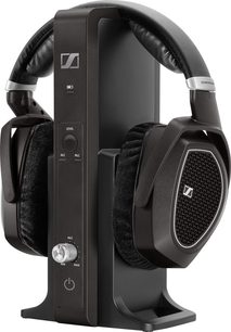 Cuffie audio Sennheiser RS 185 nere, vista laterale sinistra, padiglioni circumaurali, archetto imbottito, microfono integrato