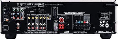 Onkyo TX-SR308 hjemmebiograf-forstærker, bagside, analog og digital audio/video-tilslutning, FM-antenne, højttalerstik