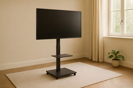 Black flat screen on a matte-finish metal stand featuring a central column, an intermediate shelf, and a square wheeled base, front view