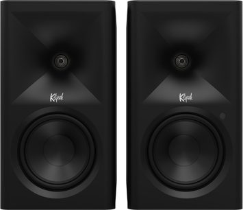 Paar schwarze Klipsch The Fives II Lautsprecher, Vorderansicht, mit quadratischem Horn und großem Woofer