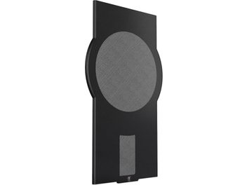 Perlisten Grille do R212s, prostokątny czarny panel, zaokrąglone wycięcia po bokach, duża centralna okrągła strefa z szarej tkaniny, dolna prostokątna strefa z szarej tkaniny, logo wyśrodkowane na dole, widok z trzech czwartych