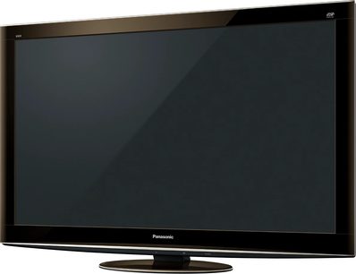 Juodas plokščiaekranis Panasonic TX-P50VT20 televizorius, išjungtas, vaizdas iš priekio