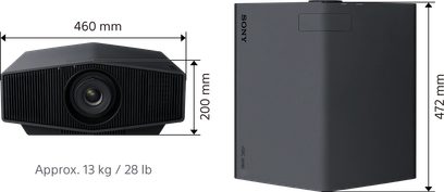 Sony VPL-XW5000ES witte videoprojecteur, vooraanzicht en zijaanzicht, afmetingen 460 x 200 x 472 mm, geschat gewicht 13 kg