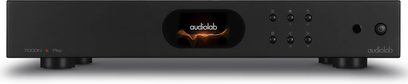 Audiolab 7000N Play netværksafspiller sort med centralt display, der viser et logo, 6 runde knapper og en tænd/sluk-knap