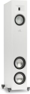 MartinLogan Motion F20 zuil luidspreker mat wit met 3 zilverkleurige ronde luidsprekers en een rechthoekige tweeter op voet