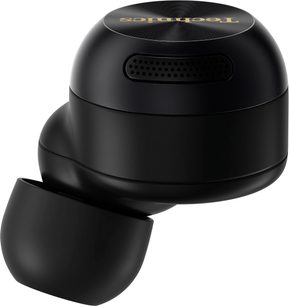 Bezprzewodowe słuchawki hi-fi Technics EAH-AZ100E czarne, słuchawka douszna w zbliżeniu, gładka powierzchnia, silikonowa końcówka, perforowana siatka, złote logo na górze