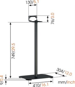 Vogel's SOUND 3305 zwarte luidsprekervoetenset, vooraanzicht met afmetingen in mm en inches, ronde basis, verticale kolom, bovenste steun