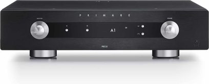 Primare PR35 stereo voorversterker zwart, geborsteld aluminium voorzijde, knoppen en display, vooraanzicht