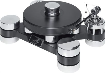 Tredjehåndsvisning av en Transrotor Dark Star Silver Shadow RB330 hi-fi platespiller i matt svart akryl, utstyrt med tre sylindriske føtter i polert sølvmetall, et tykt rundt svart tallerken, en krommet platevekt og en metallisk tonearm