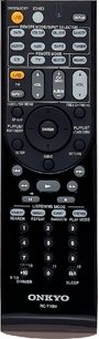 Télécommande noire Onkyo RC-716M avec de nombreux boutons gris et jaunes, un pavé numérique et un joystick, vue de face