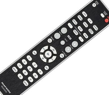 Telecomando nero Marantz RC5003CD con tasti rotondi grigi e rossi su sfondo nero, vista frontale