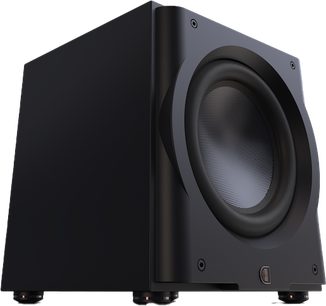 Касон на Perlisten R12s, изглед под ъгъл, черен корпус, кръгъл високоговорител, видими крака, гладка повърхност