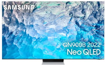 Televizor Samsung QE85QN900B 2022 Neo QLED, plochá obdélníková obrazovka zobrazující abstraktní obraz v tyrkysově modré barvě