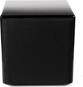 Mirage MM-8 sort subwoofer, set forfra, kubisk form, sort stofgitter dækker fronten