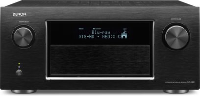 Denon AVR-4520 Schwarz Heimkino-Verstärker, Frontansicht, blaue Anzeige, silberne Knöpfe und Regler, 2 große seitliche Regler